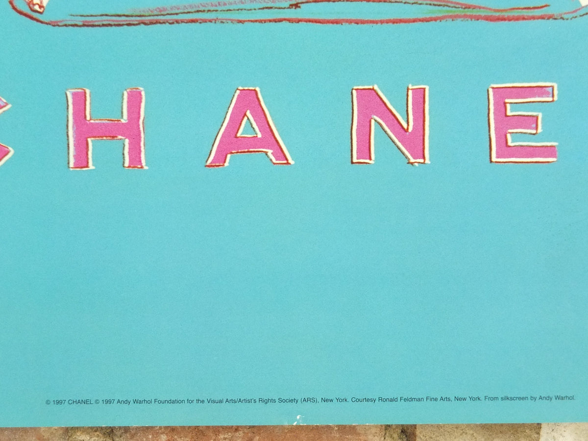 1997 No 5 Chanel Poster, by Andy Warhol, perfume bottle, cosmetics, from Selfridges advertising, bold green and blue, pop art wall art decor