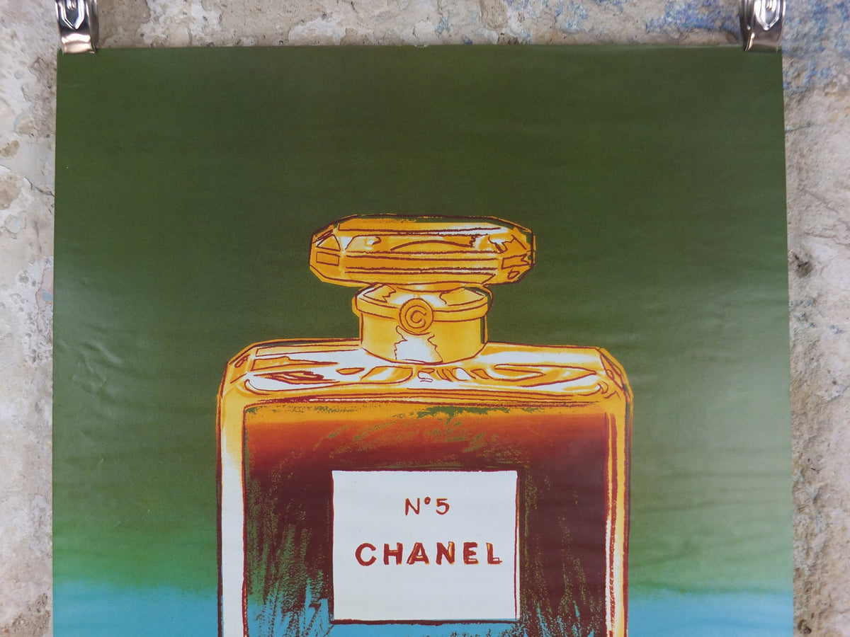 1997 No 5 Chanel Poster, by Andy Warhol, perfume bottle, cosmetics, from Selfridges advertising, bold green and blue, pop art wall art decor
