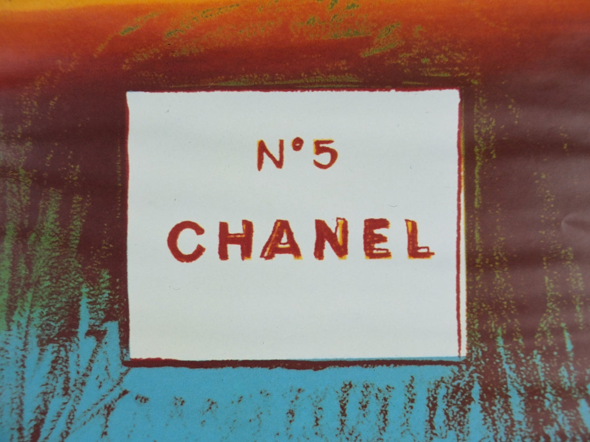 1997 No 5 Chanel Poster, by Andy Warhol, perfume bottle, cosmetics, from Selfridges advertising, bold green and blue, pop art wall art decor