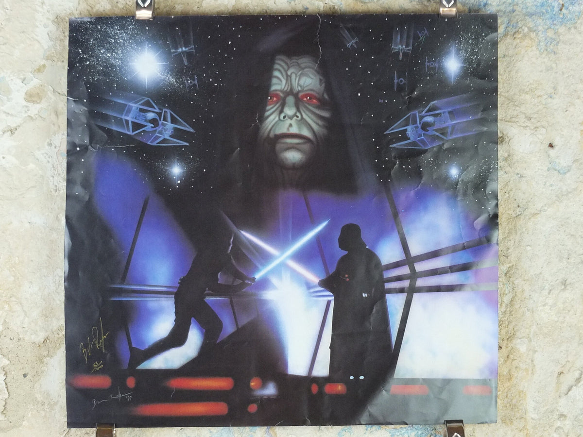 Signed 1997 Luke and Darth Vader Poster, Final lightsaber battle by Brian Rolfe, Emperor Palpatine, Lucasfilm, wall art film memorabilia