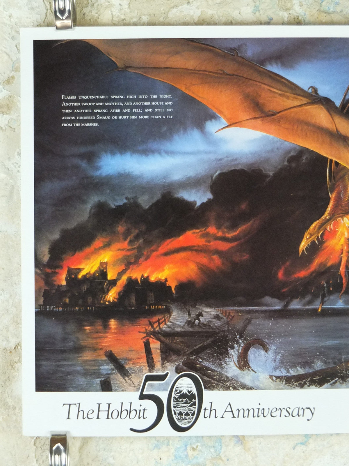 1987 The Death of Smaug Poster, by John Howe, The Hobbit 50th Anniversary, J.R.R. Tolkien, Bard the Bowman, Laketown, fantasy wall art decor