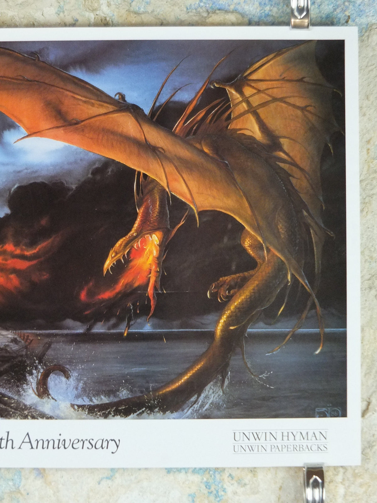 1987 The Death of Smaug Poster, by John Howe, The Hobbit 50th Anniversary, J.R.R. Tolkien, Bard the Bowman, Laketown, fantasy wall art decor
