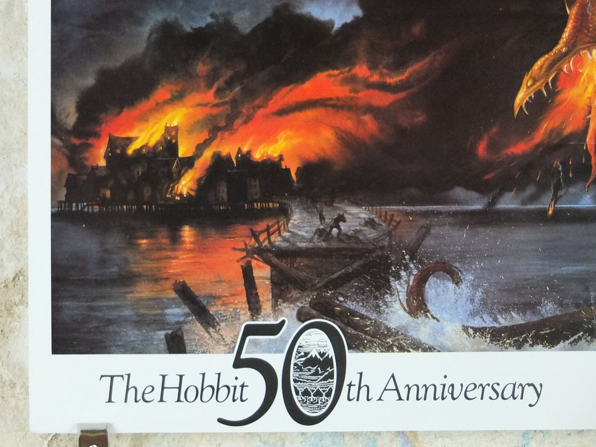 1987 The Death of Smaug Poster, by John Howe, The Hobbit 50th Anniversary, J.R.R. Tolkien, Bard the Bowman, Laketown, fantasy wall art decor