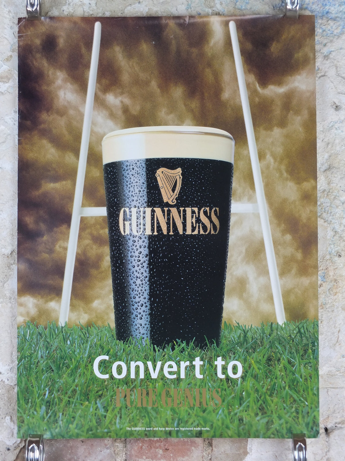 1999 Guinness Rugby Poster, Rugby World Cup, glass of cold Guinness, goal posts, advertising lager beer, wall art decor