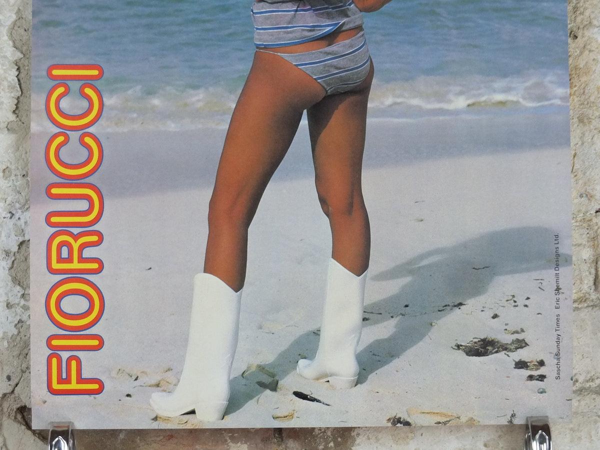 1980 Fiorucci rare Poster, beautiful beach babe in blue bikini and white boots, Italian fashion label, advertising retro wall art decor