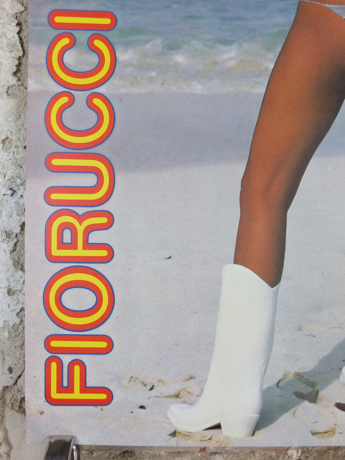 1980 Fiorucci rare Poster, beautiful beach babe in blue bikini and white boots, Italian fashion label, advertising retro wall art decor