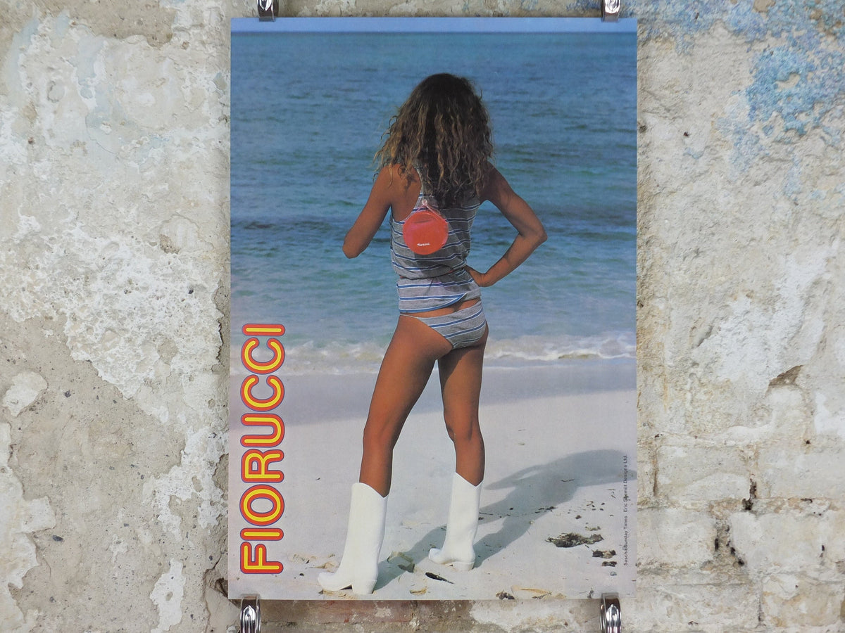 1980 Fiorucci rare Poster, beautiful beach babe in blue bikini and white boots, Italian fashion label, advertising retro wall art decor