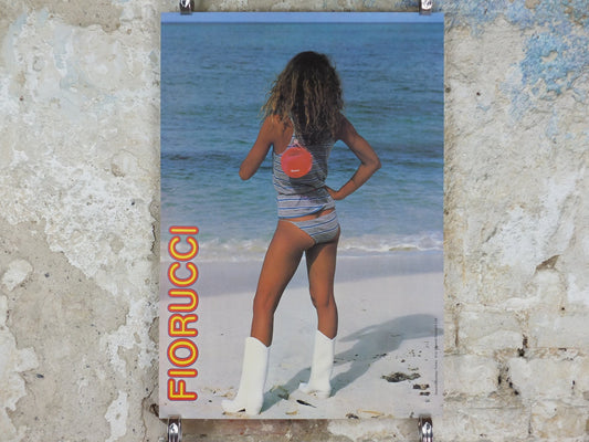 1980 Fiorucci rare Poster, beautiful beach babe in blue bikini and white boots, Italian fashion label, advertising retro wall art decor