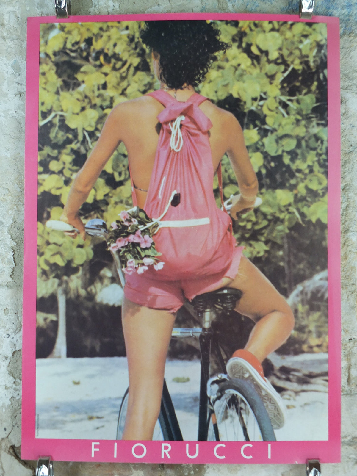 1980 Fiorucci rare Poster, Italian fashion label, girl with pink cutoff pants and backpack on a bike, advertising retro wall art decor