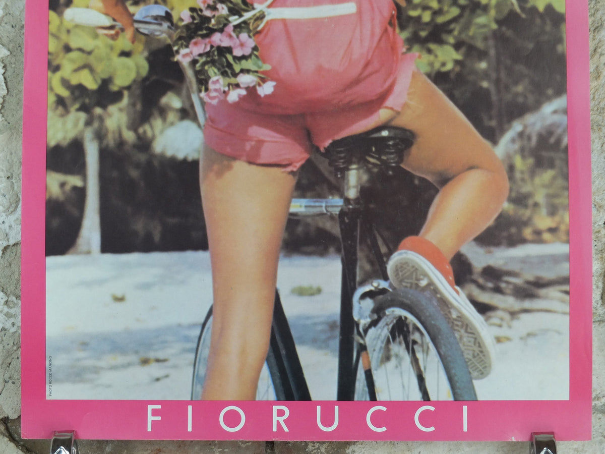 1980 Fiorucci rare Poster, girl with pink cutoff pants and backpack on a bike, Italian fashion label, advertising retro wall art decor