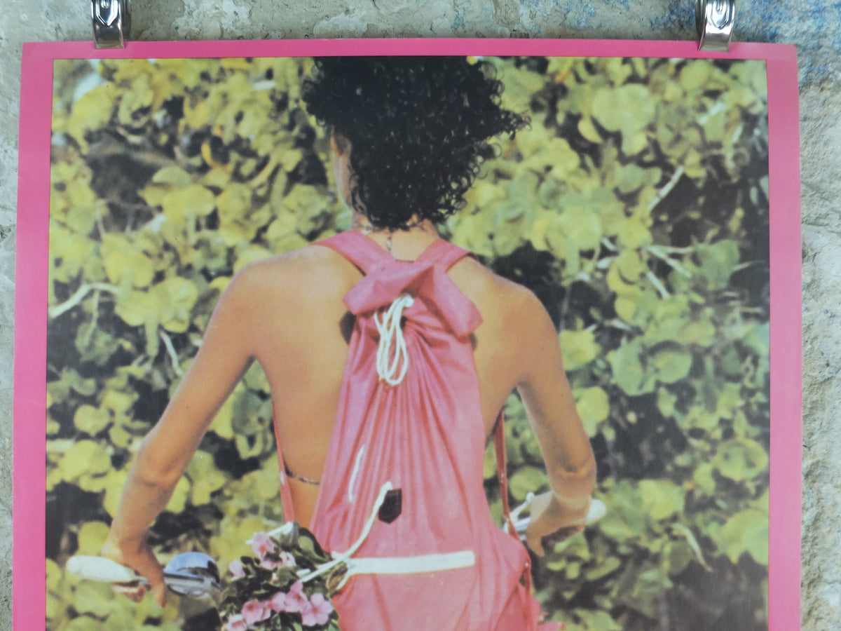 1980 Fiorucci rare Poster, girl with pink cutoff pants and backpack on a bike, Italian fashion label, advertising retro wall art decor