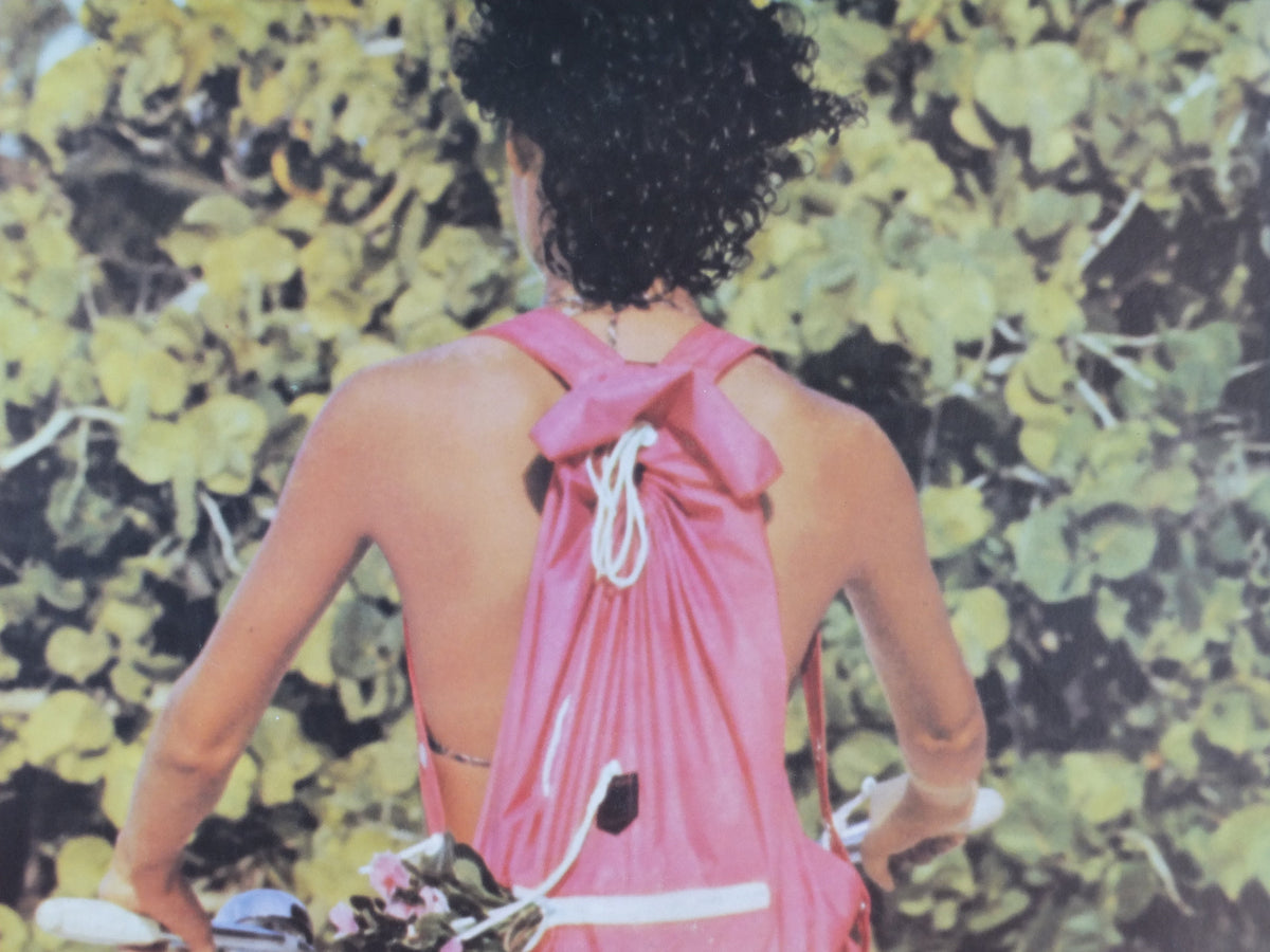 1980 Fiorucci rare Poster, girl with pink cutoff pants and backpack on a bike, Italian fashion label, advertising retro wall art decor