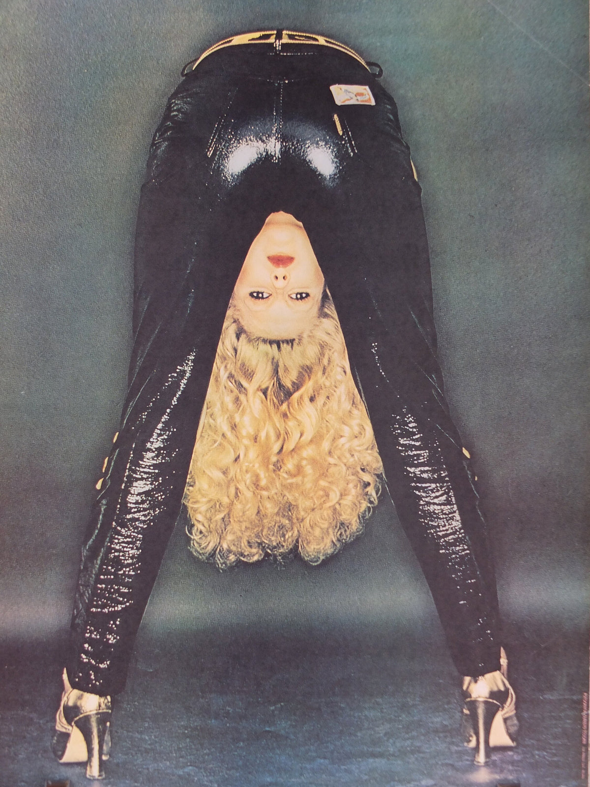 1980s Fiorucci rare Poster, Italian fashion label, blonde woman bent over in shiny vinyl latex black jeans, advertising retro wall art decor