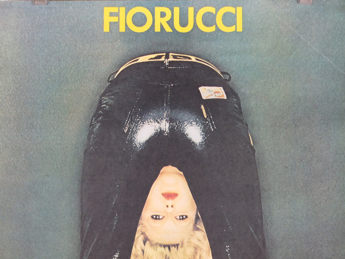 1980s Fiorucci rare Poster, Italian fashion label, blonde woman bent over in shiny vinyl latex black jeans, advertising retro wall art decor