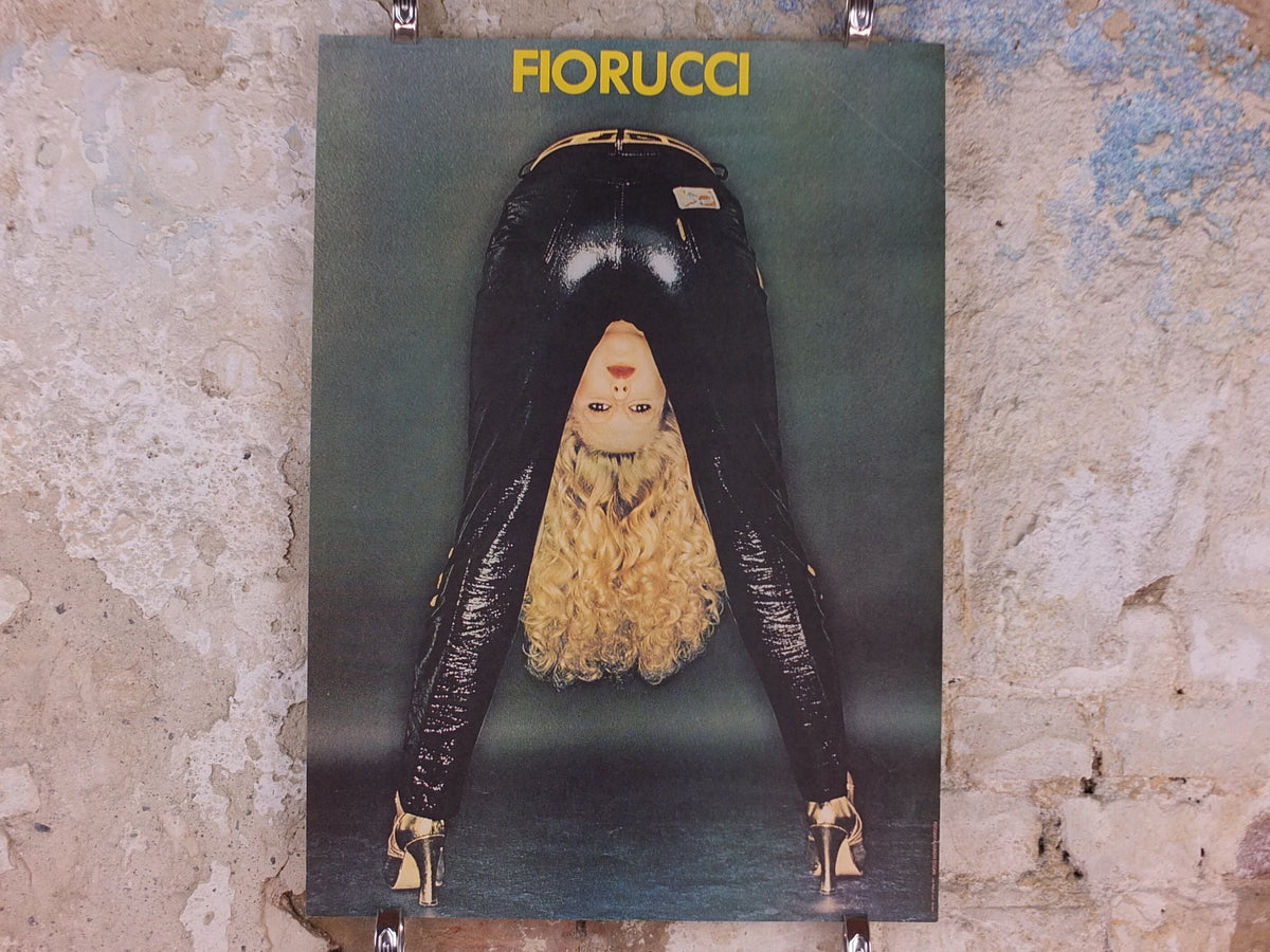 1980s Fiorucci rare Poster, Italian fashion label, blonde woman bent over in shiny vinyl latex black jeans, advertising retro wall art decor