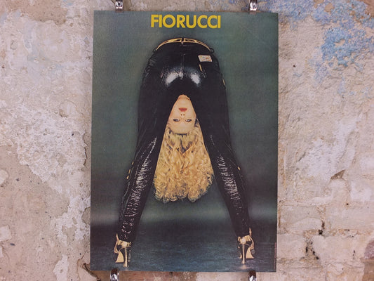 1980s Fiorucci rare Poster, Italian fashion label, blonde woman bent over in shiny vinyl latex black jeans, advertising retro wall art decor
