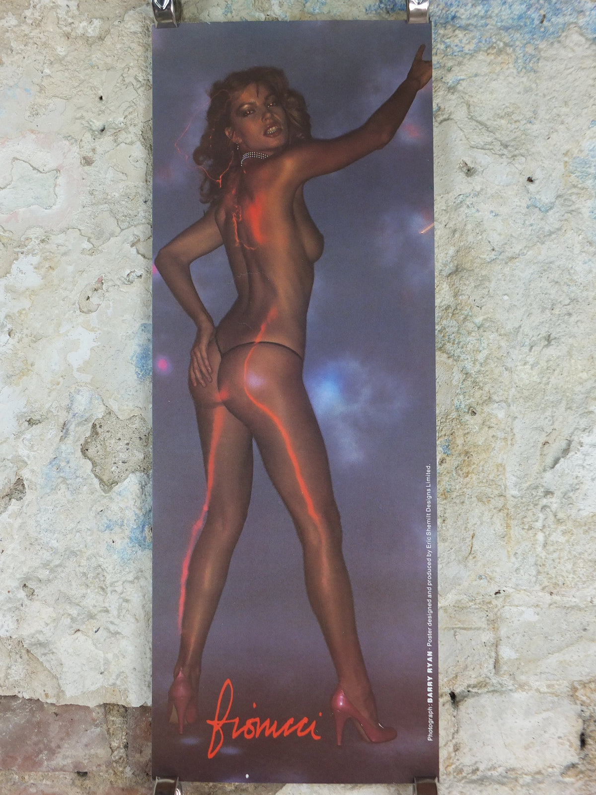 1980s Fiorucci rare Poster, Italian fashion label, disco minimal bikini & red high heels, fluorescent lighting, advertising retro wall art decor