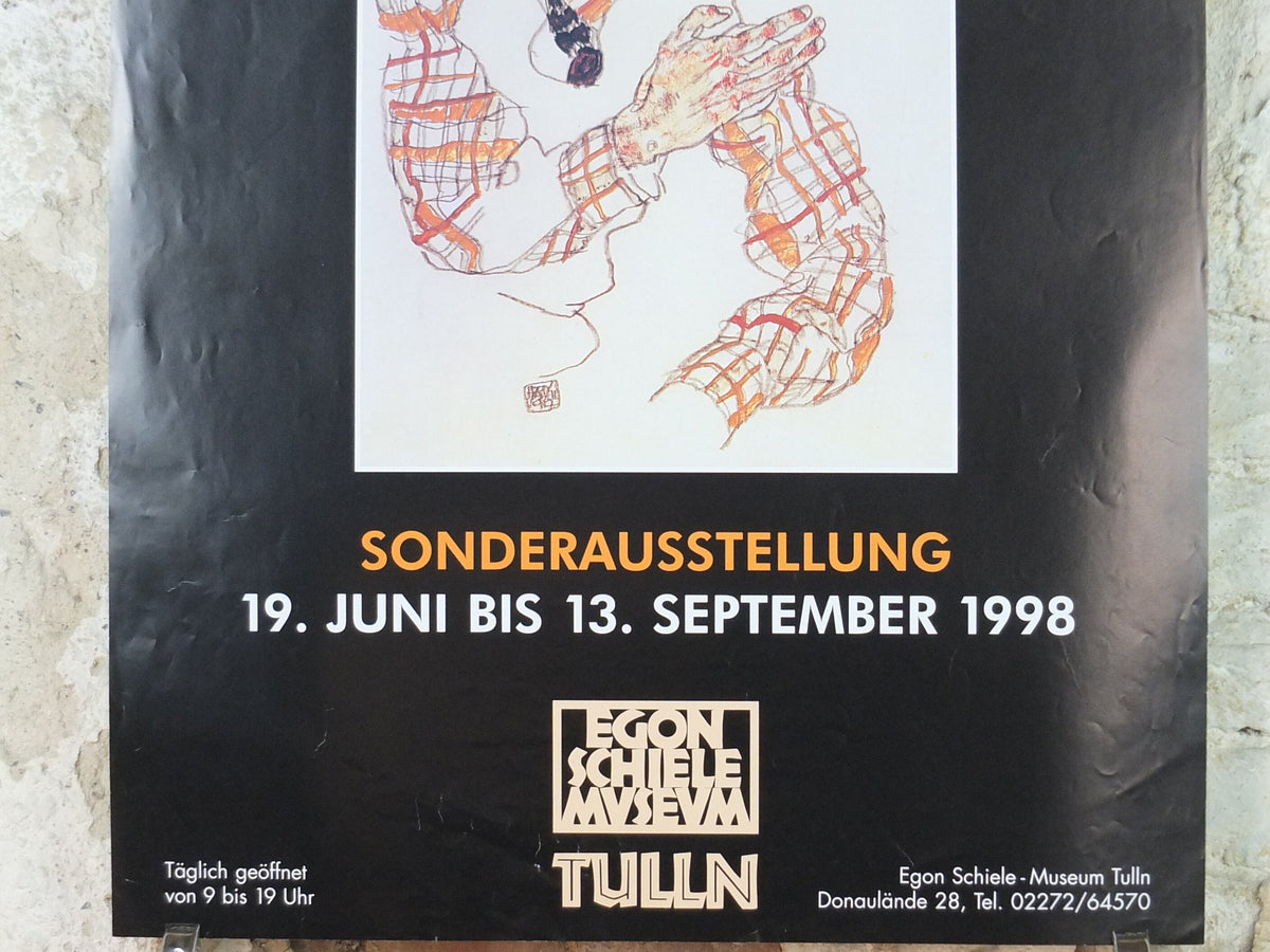 1998 Egon Schiele, leaning "Self portrait in checkered shirt" 1917, Egon Schiele Museum, Expressionism gallery exhibition, wall art decor