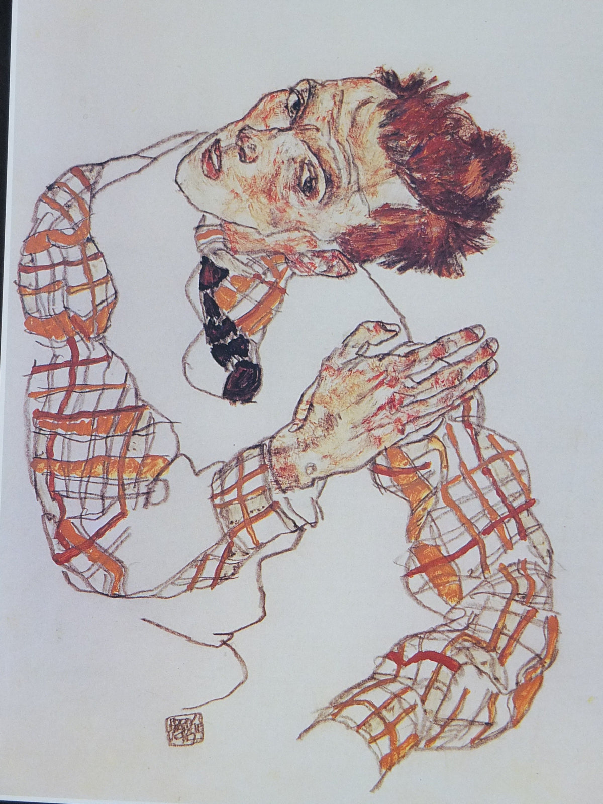 1998 Egon Schiele, leaning "Self portrait in checkered shirt" 1917, Egon Schiele Museum, Expressionism gallery exhibition, wall art decor