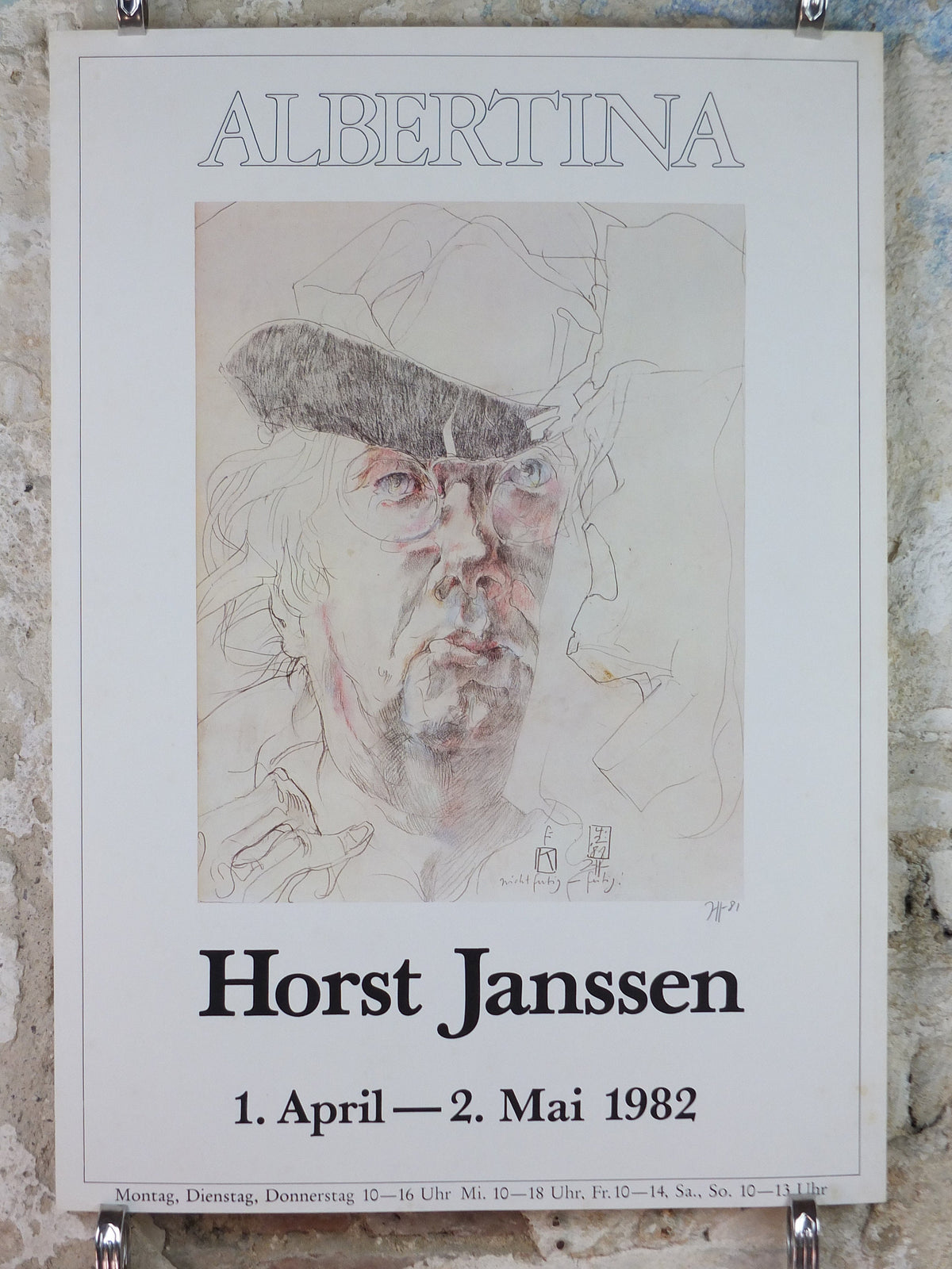 1981 Horst Janssen Poster, Self Portrait 1982, Albertina Wein, lithography and print making, gallery exhibition wall art decor