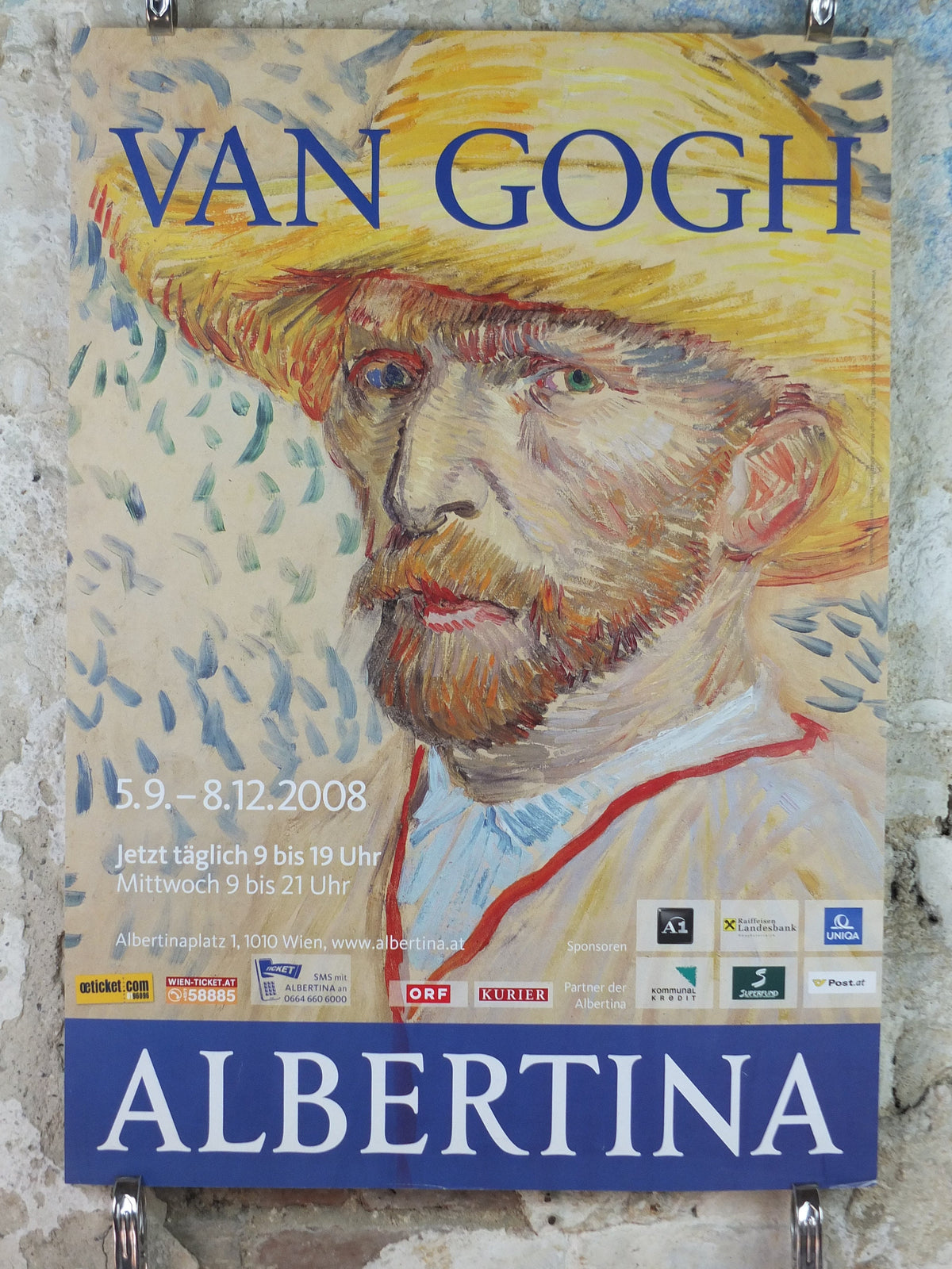 2008 Vincent Van Gogh Poster, Self portrait in straw hat, 1887, Albertina, Wien, Post-Impressionism gallery exhibition, wall art decor