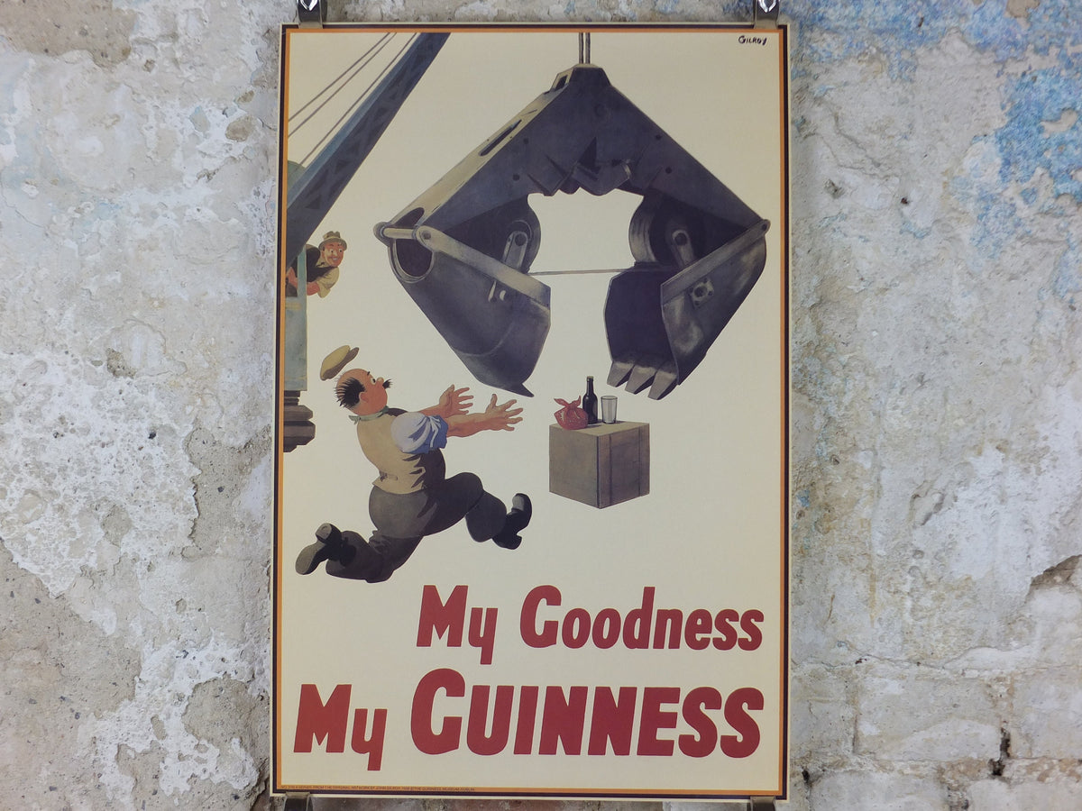 1990s My Goodness My Guinness Poster, from Guinness Museum, By John Gilroy 1938, crane stealing a picnic lunch, Wall art retro decor