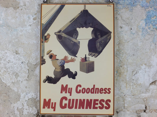 1990s My Goodness My Guinness Poster, from Guinness Museum, By John Gilroy 1938, crane stealing a picnic lunch, Wall art retro decor