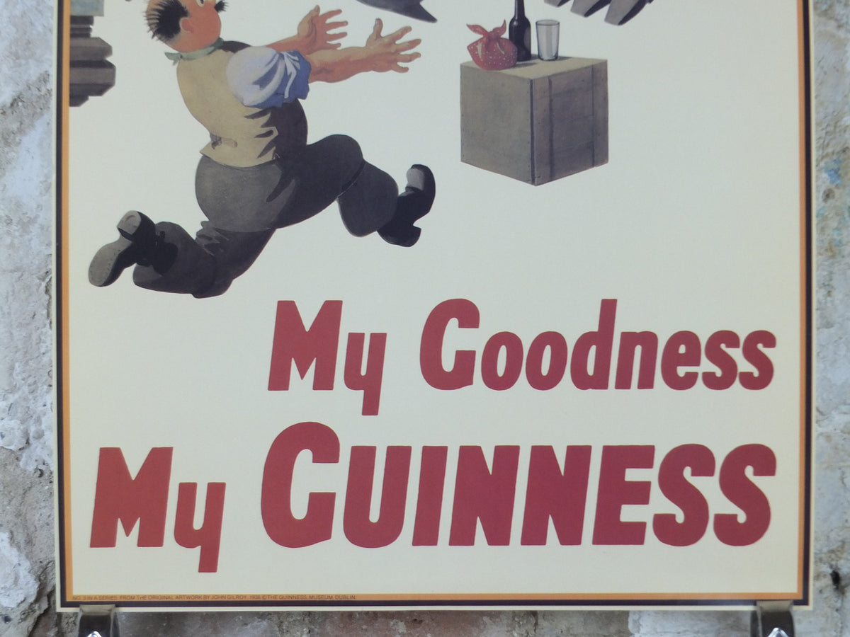1990s My Goodness My Guinness Poster, from Guinness Museum, By John Gilroy 1938, crane stealing a picnic lunch, Wall art retro decor