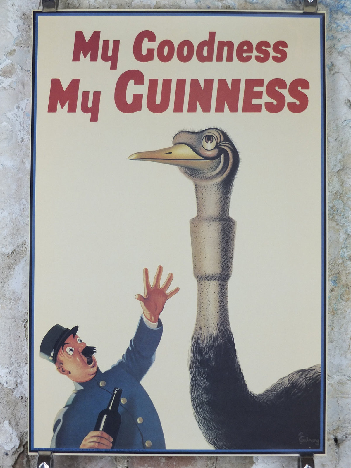 1990s My Goodness My Guinness Poster, from Guinness Museum, By John Gilroy 1936, Ostrich has swallowed a Guinness, Wall art retro decor