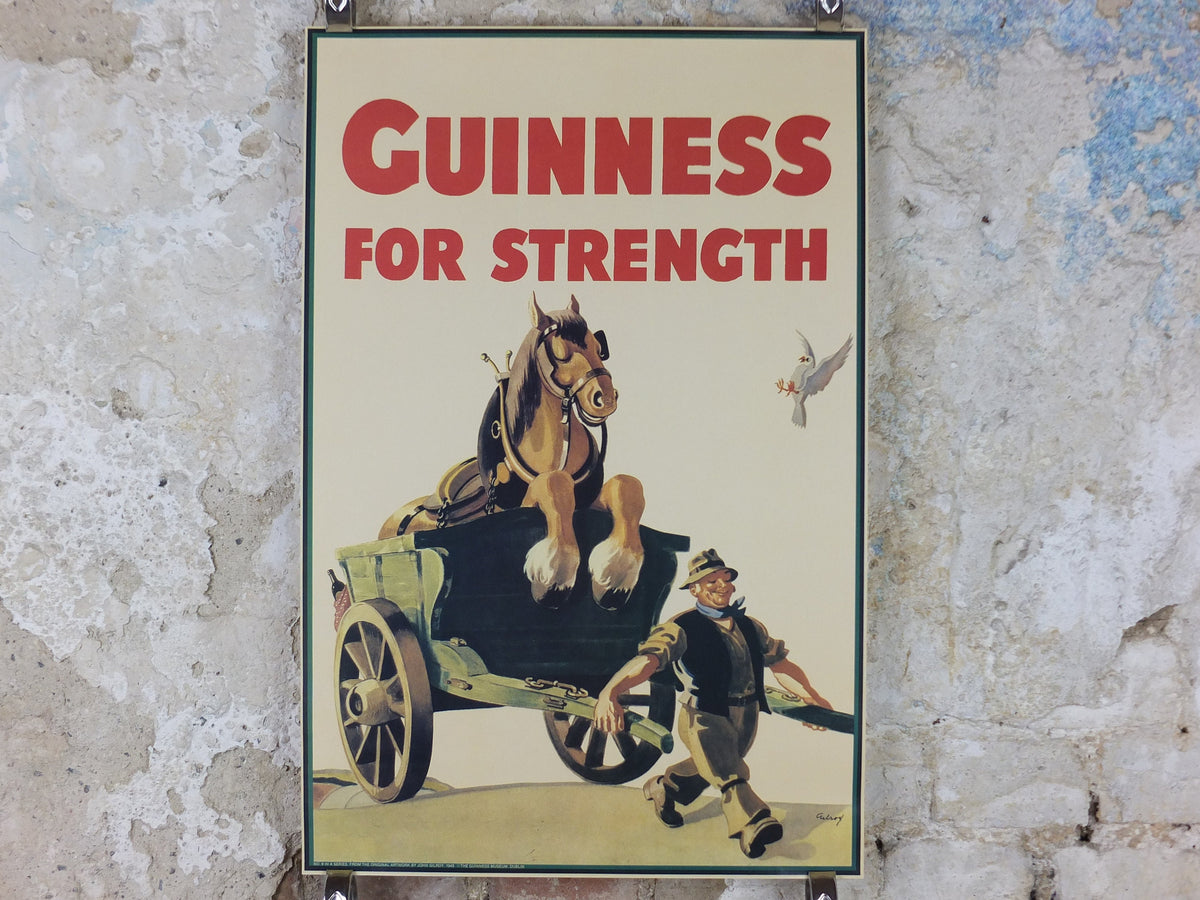 1990s Guinness for Strength Poster, from Guinness Museum, By John Gilroy 1949, Horse and Cart pulled by the farmer, Wall art retro decor