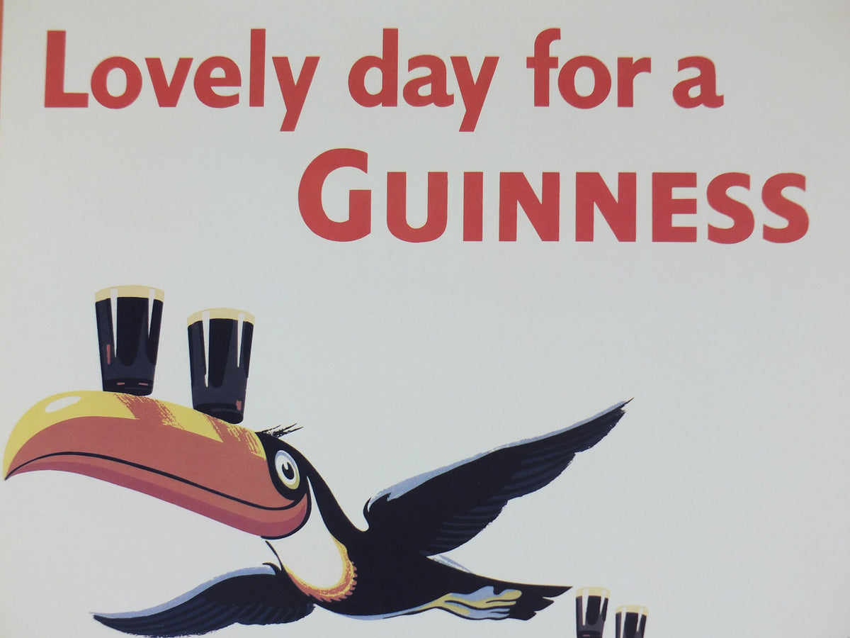 1990s Lovely Day for a Guinness Poster, from Guinness Museum, By John Gilroy 1955 Toucans flying with Guinness on beak, Wall art retro decor