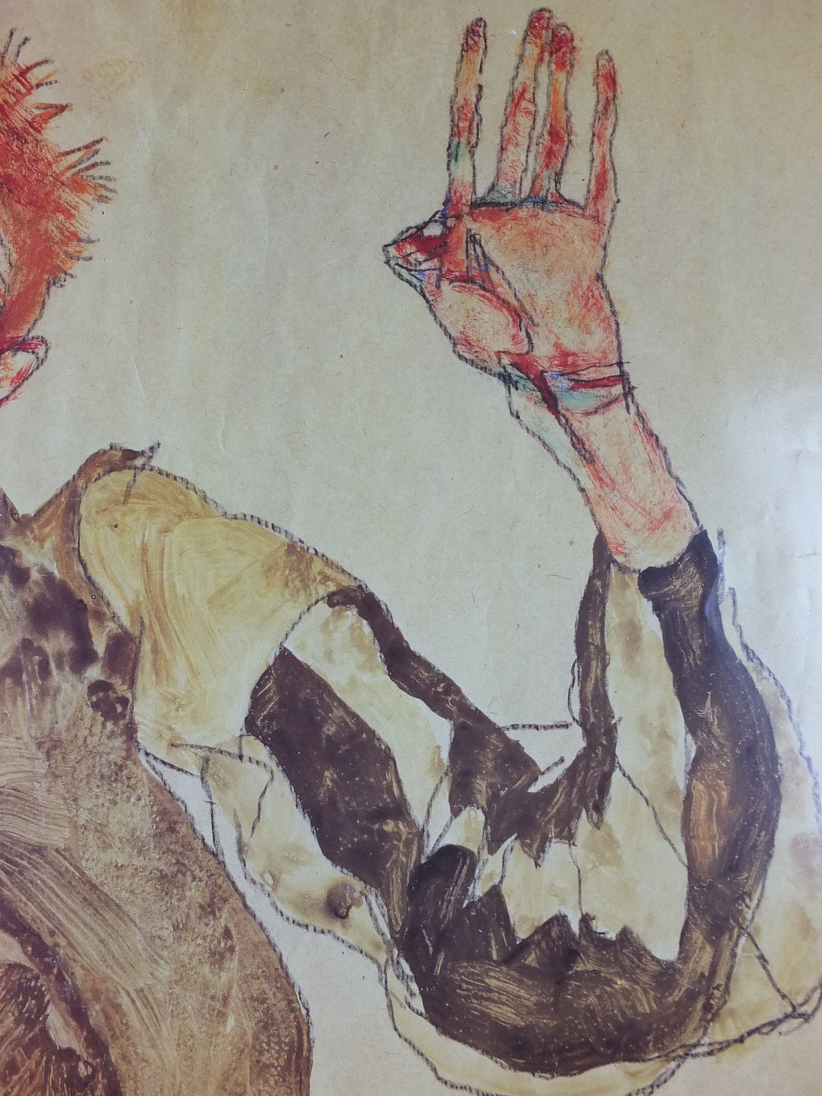 1998 Egon Schiele, leaning "Self portrait with striped sleeves" 1915, Leopold Museum Wien, Expressionism gallery exhibition, wall art decor