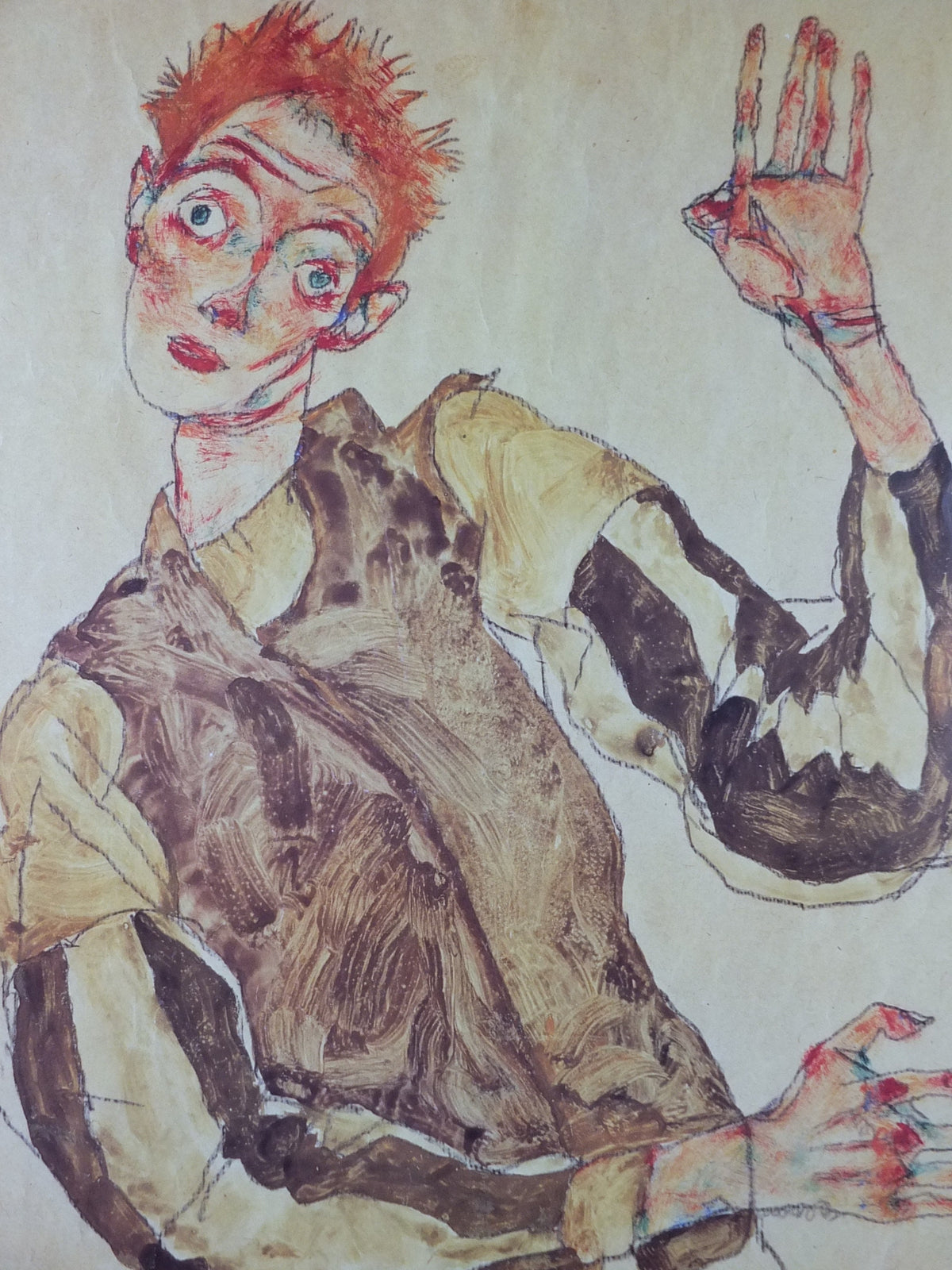 1998 Egon Schiele, leaning "Self portrait with striped sleeves" 1915, Leopold Museum Wien, Expressionism gallery exhibition, wall art decor