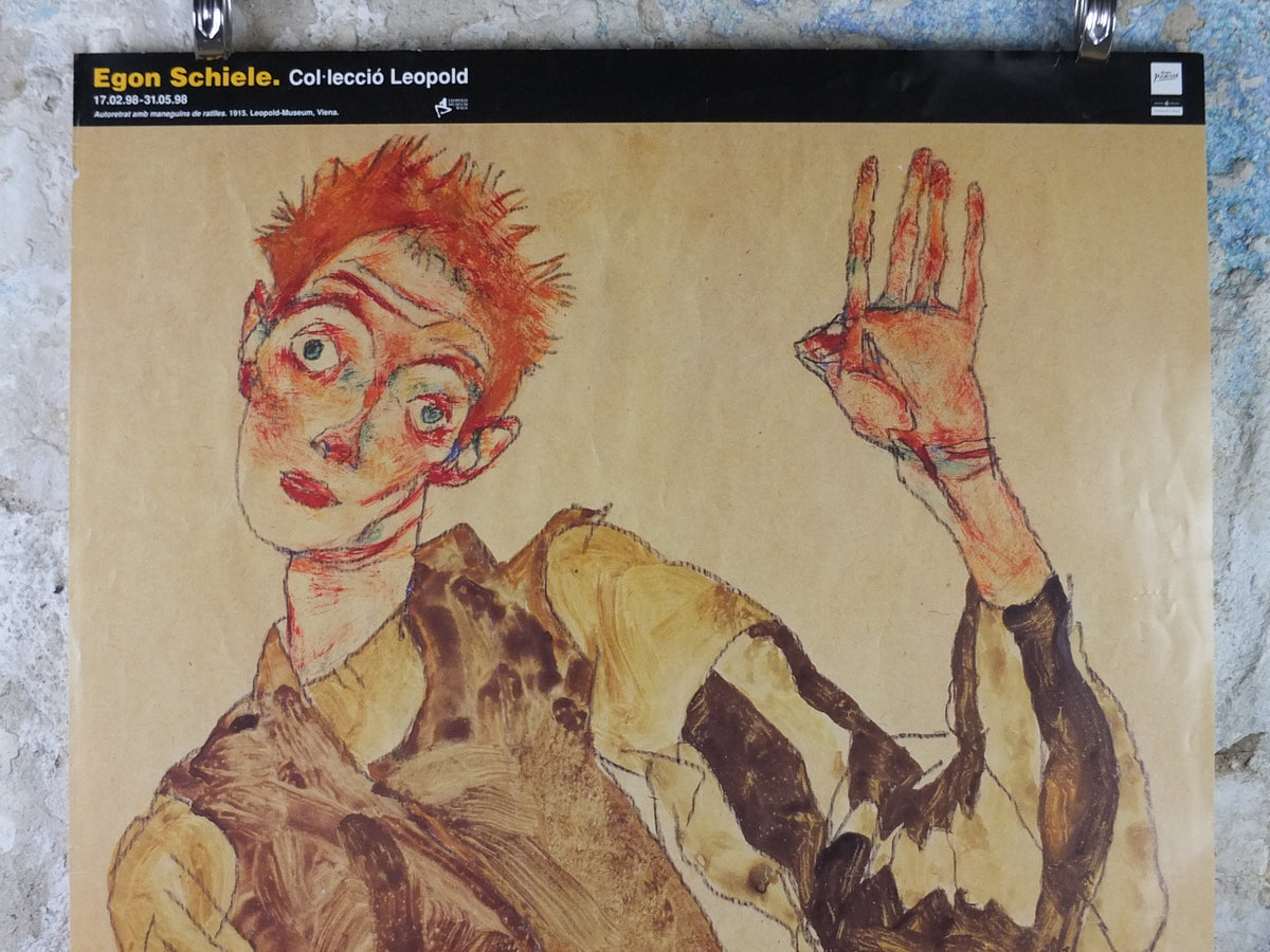 1998 Egon Schiele, leaning "Self portrait with striped sleeves" 1915, Leopold Museum Wien, Expressionism gallery exhibition, wall art decor