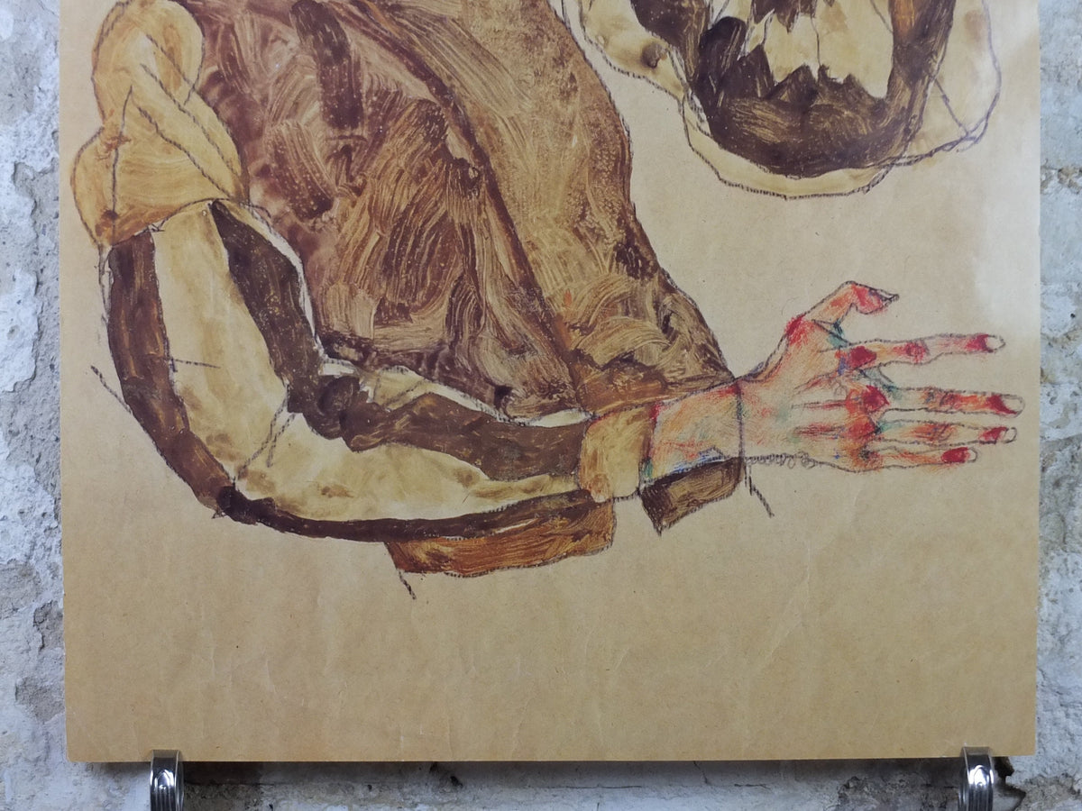 1998 Egon Schiele, leaning "Self portrait with striped sleeves" 1915, Leopold Museum Wien, Expressionism gallery exhibition, wall art decor