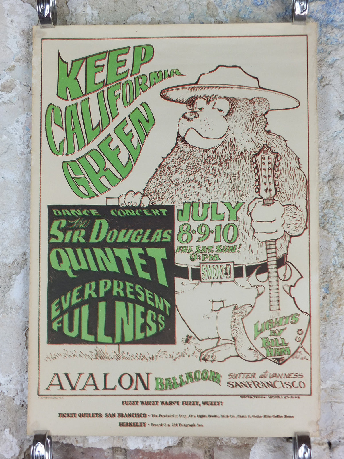 1966 Keep California Green / Sir Douglas Quintet and Everpresent Fullness Poster Avalon Ballroom Psychedelic folk rock music, wall art decor Fuzzy Wuzzy