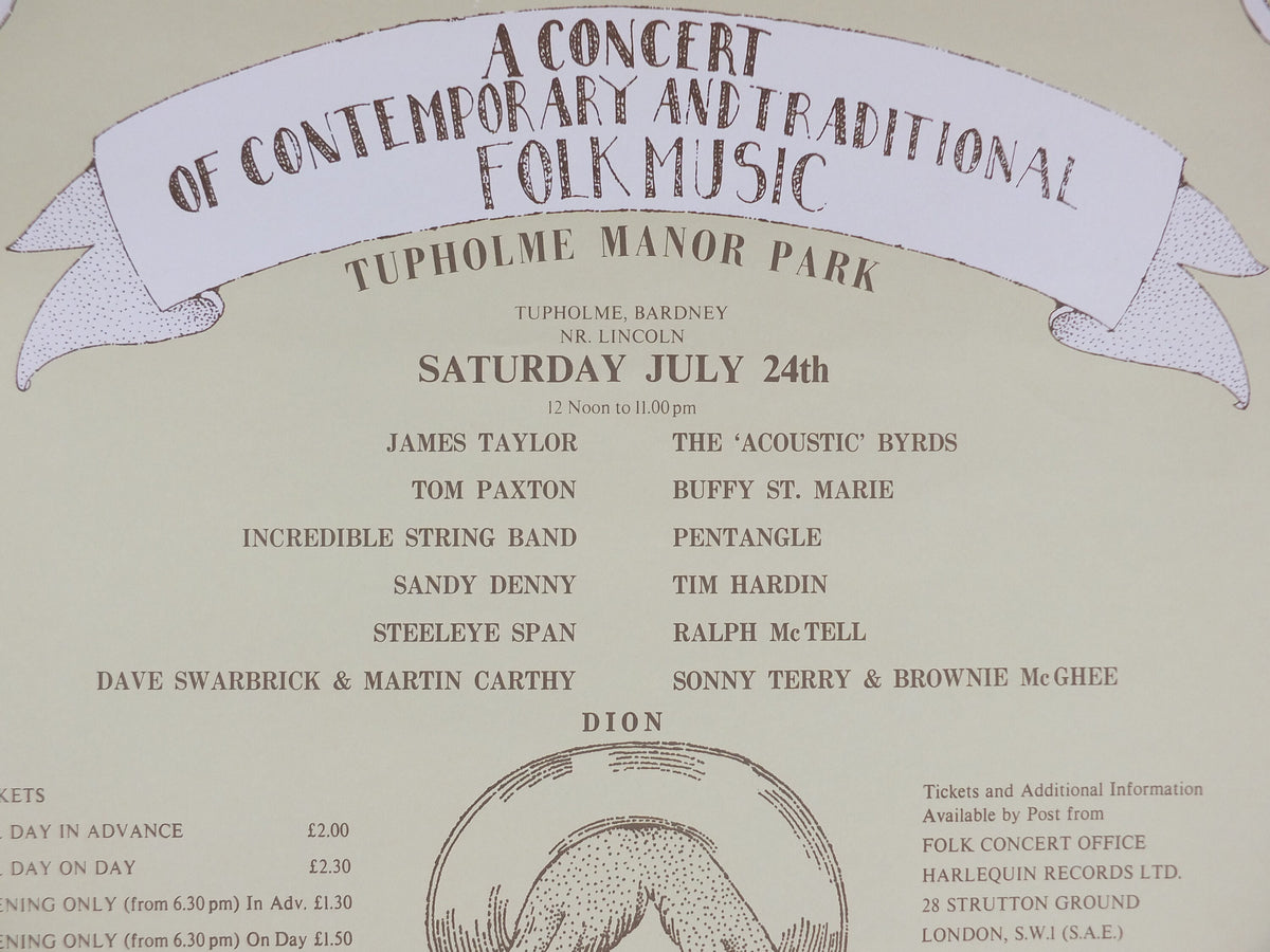 1971 Folk Music at Tupholme Manor Park Poster, 1999 reprint, by Ian Beck, James Taylor, The Byrds, Psychedelic rock music, wall art decor
