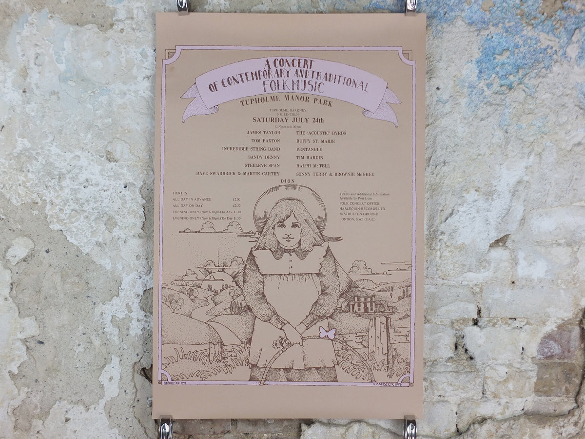 1971 Folk Music at Tupholme Manor Park Poster, 1999 reprint, by Ian Beck, James Taylor, The Byrds, Psychedelic rock music, wall art decor