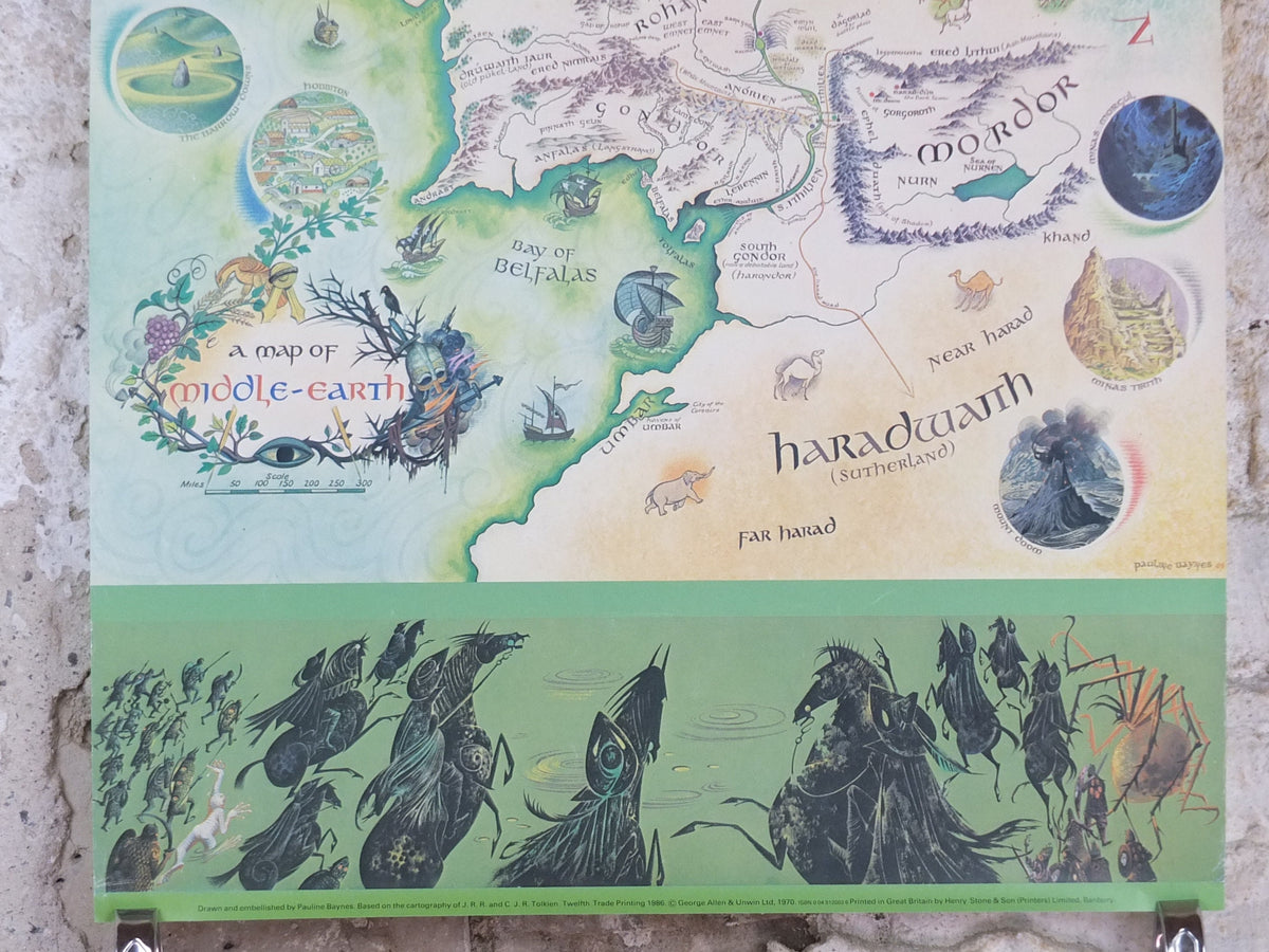 1986 Pauline Baynes Map of Middle Earth Poster, J.R.R. Tolkien, Lord of the Rings, The Hobbit, Fellowship, fantasy wall art decor