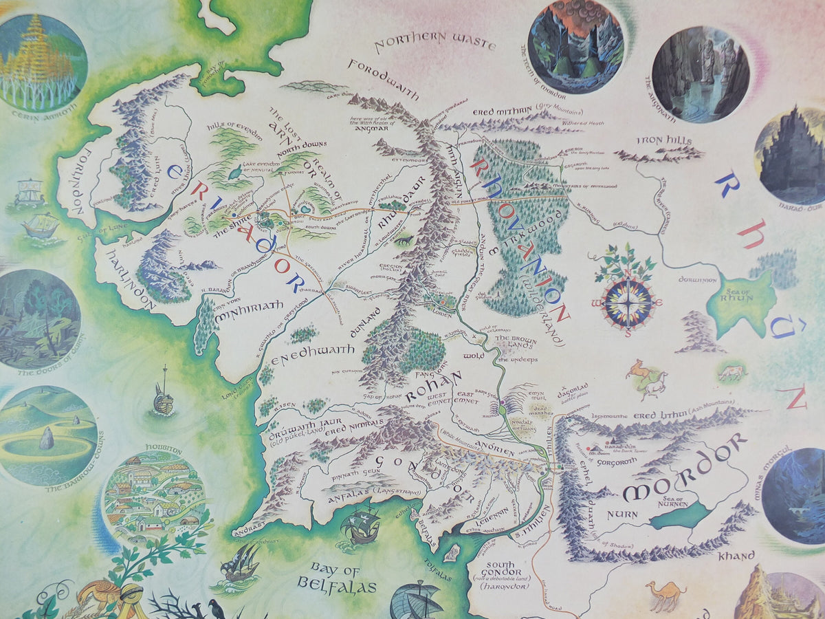 1986 Pauline Baynes Map of Middle Earth Poster, J.R.R. Tolkien, Lord of the Rings, The Hobbit, Fellowship, fantasy wall art decor