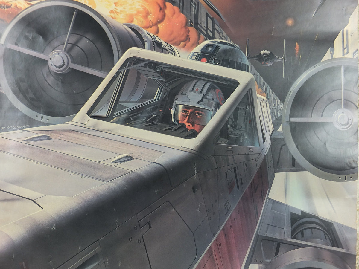 1977 Star Wars Poster, Death Star Trench attack run, Original Star Wars Fan Club, by Ralph McQuarrie, Luke Skywalker, wall art decor