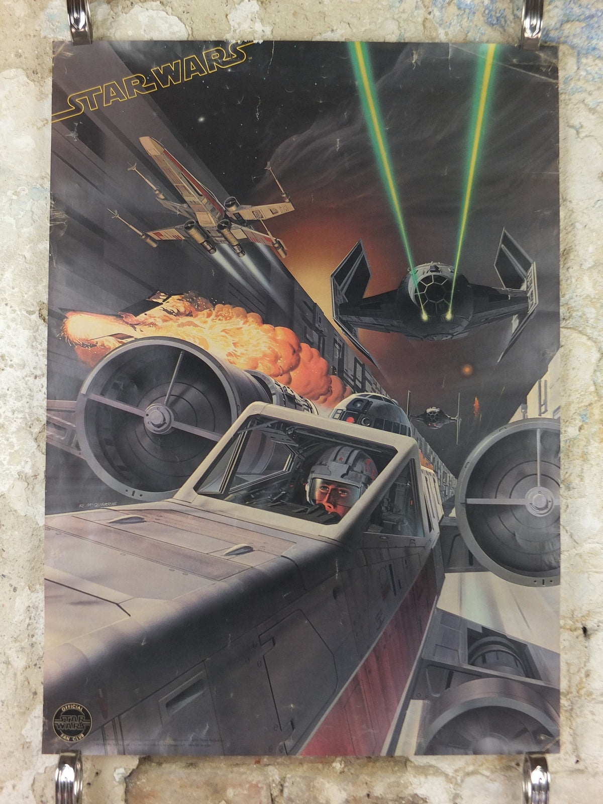 1977 Star Wars Poster, Death Star Trench attack run, Original Star Wars Fan Club, by Ralph McQuarrie, Luke Skywalker, wall art decor