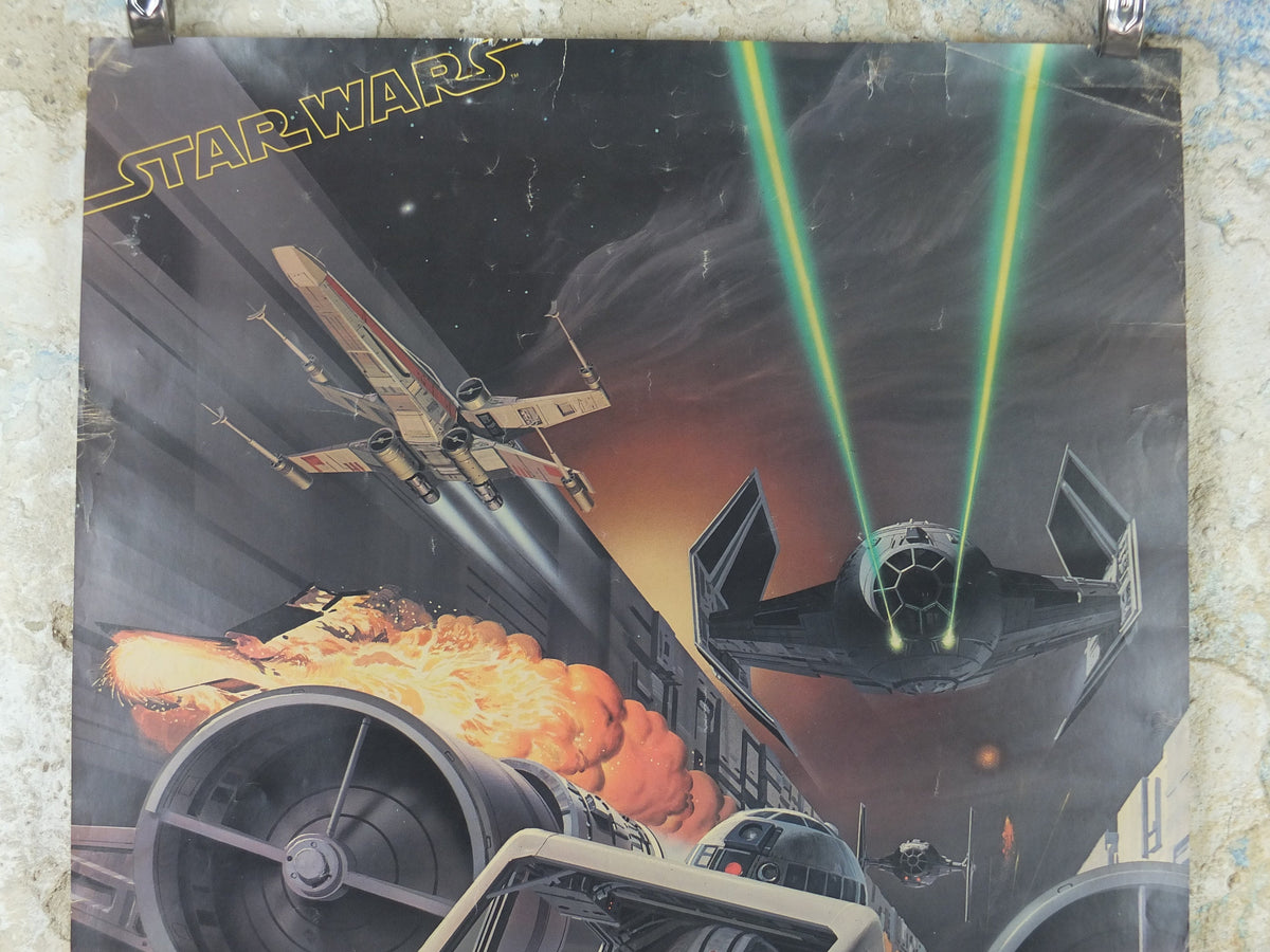 1977 Star Wars Poster, Death Star Trench attack run, Original Star Wars Fan Club, by Ralph McQuarrie, Luke Skywalker, wall art decor