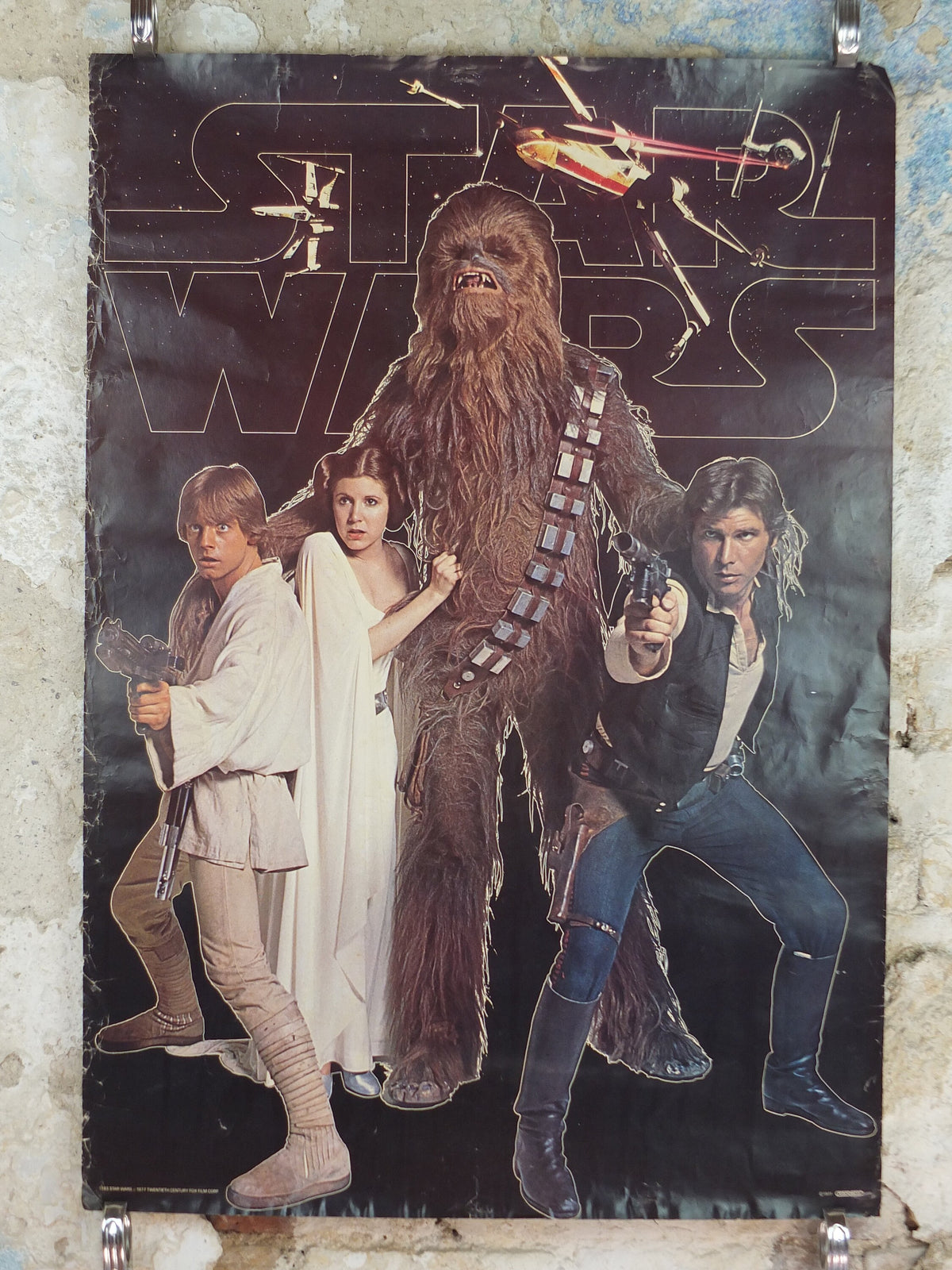 1977 Star Wars Poster, Luke Skywalker, Princess Leia, Chewbacca and Han Solo with blasters, by Scandecor 1783, Sweden, wall art decor
