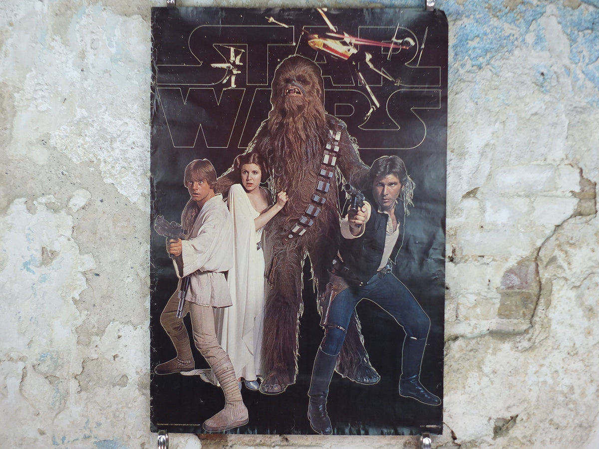 1977 Star Wars Poster, Luke Skywalker, Princess Leia, Chewbacca and Han Solo with blasters, by Scandecor 1783, Sweden, wall art decor