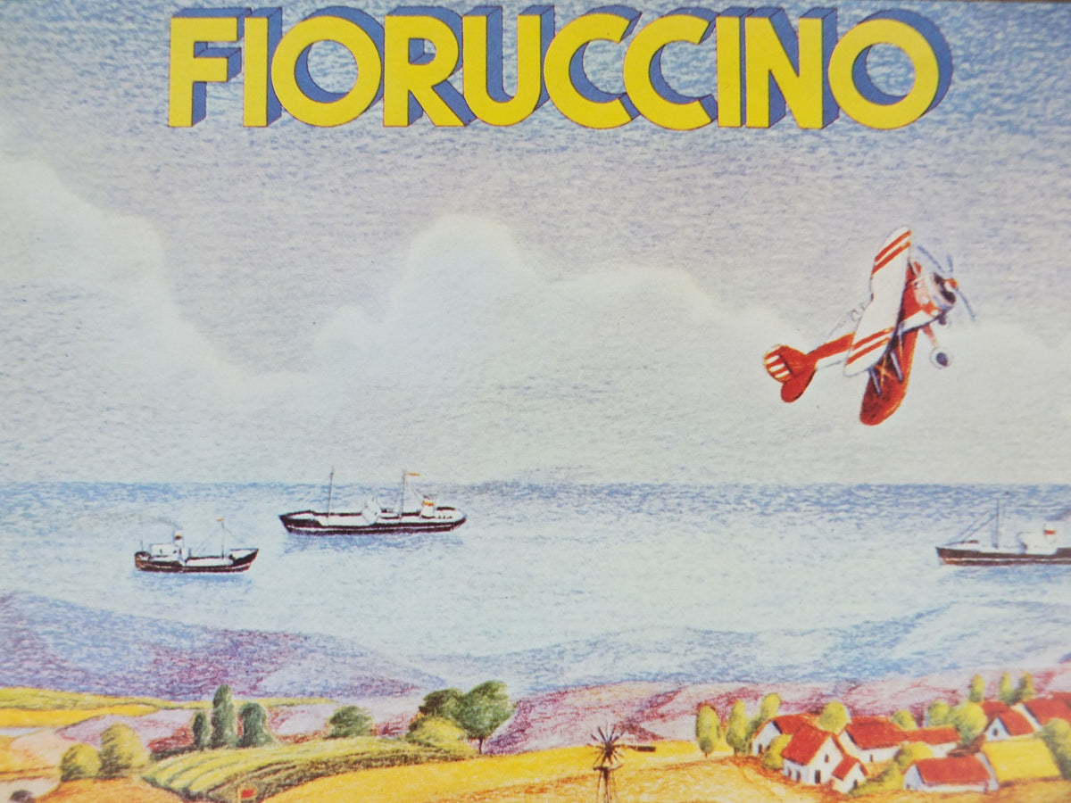 1974 Fiorucci rare Poster, Fioruccino, Italian town, river out to the sea in yellow, Italian fashion label, advertising retro wall art decor