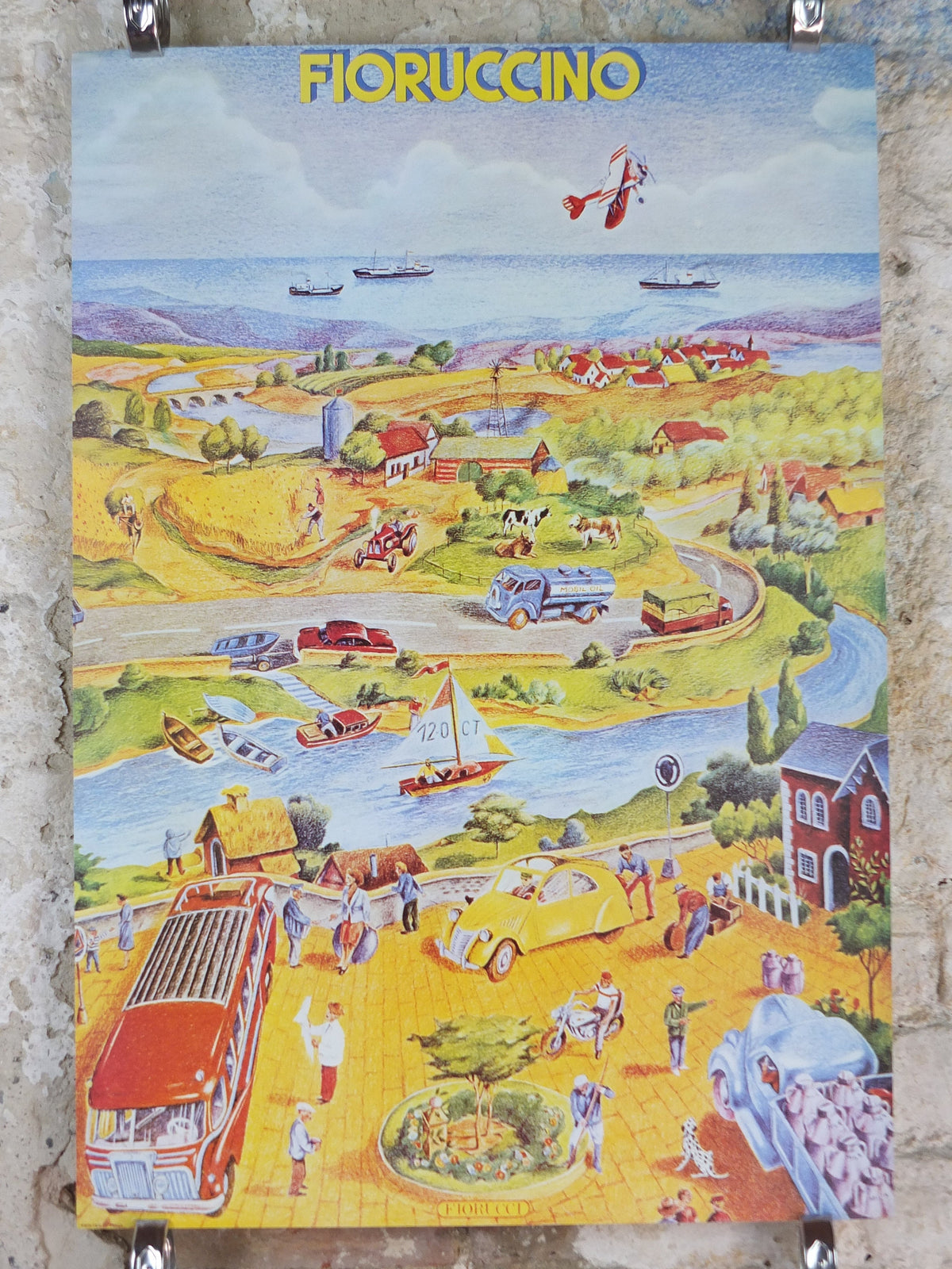 1974 Fiorucci rare Poster, Italian fashion label, Fioruccino, Italian town, river out to the sea in yellow, advertising retro wall art decor