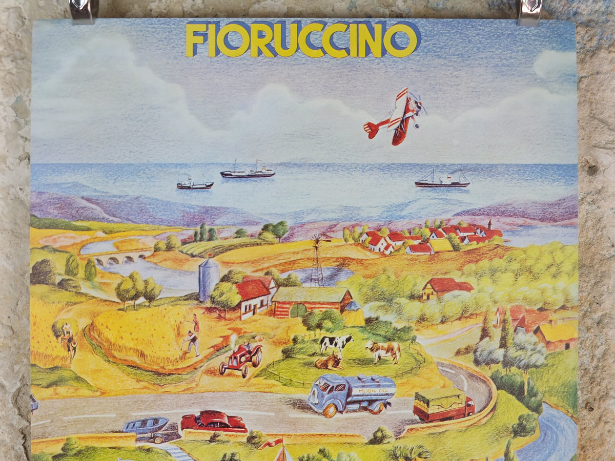 1974 Fiorucci rare Poster, Fioruccino, Italian town, river out to the sea in yellow, Italian fashion label, advertising retro wall art decor