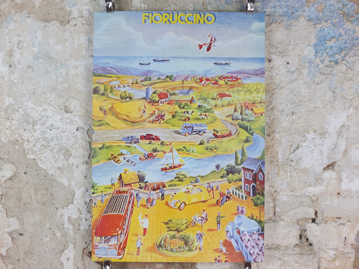 1974 Fiorucci rare Poster, Fioruccino, Italian town, river out to the sea in yellow, Italian fashion label, advertising retro wall art decor