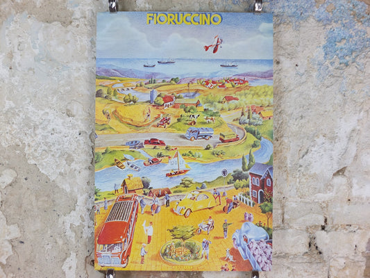 1974 Fiorucci rare Poster, Fioruccino, Italian town, river out to the sea in yellow, Italian fashion label, advertising retro wall art decor